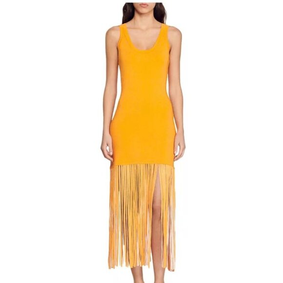 Sandro New $395 Orange Fringe Bodycon Tank Midi Dress Size 42 US 10 NWT - Picture 1 of 10